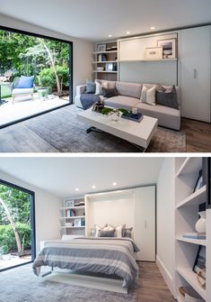 two pictures of a living room and bedroom with sliding glass doors that open up to the backyard