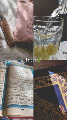 four different pictures with the words friday written in arabic, and an open book next to it