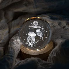 a glass dome with some jellyfish in it on a wooden base and blanket behind it