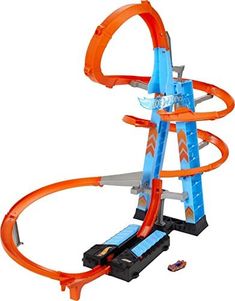 an orange and blue toy track set on a white background