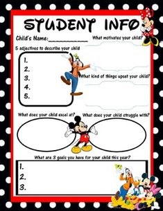 the mickey mouse student info sheet