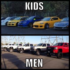 two pictures with different cars in them and the words kids men written on one side