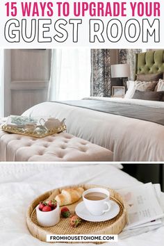 a bedroom with white bedding, pillows and trays filled with breakfast food on it