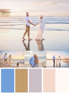 a couple holding hands and walking on the beach with their dog in front of them