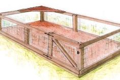 a drawing of a wooden structure with glass walls and doors on the sides, in front of a white background