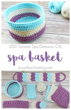 a crocheted basket with the words summer spa getaway cal on it and two pictures