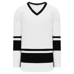 Athletic Knit (AK) H6400 White/Black League Hockey Jersey Black Cotton Knit Sweater, White Cotton Sweater With Contrast Stripes, Black Fabrics, Share Button, White Blank, Hockey Jersey, Jersey Design, Black Fabric, Hockey