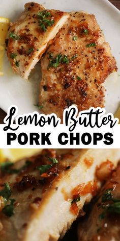 lemon butter pork chops on a white plate