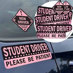 two stickers on the side of a car that say student driver please be patient