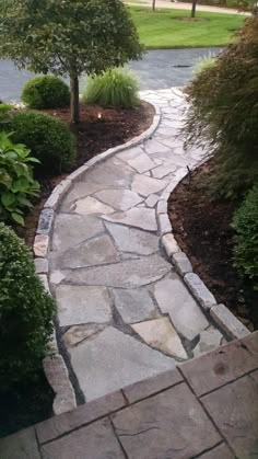 a stone path in the middle of a park