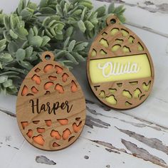 two wooden ornaments with the word'harper'written on them next to a plant