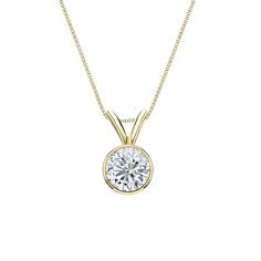 This classic solitaire pendant features a 0.50 ct. total weight round-cut natural diamond in 18k yellow gold bezel setting. The pendant comes with a matching 18-inch box chain that secures with a spring ring clasp. Black Diamond Pendant, Black Diamond Studs, Diamond Solitaire Pendant, Halo Diamond Earrings, Solitaire Diamond Pendant, Colored Diamond Rings, Yellow Gold Solitaire, Solitaire Pendant Necklace, Diamond Solitaire Necklace