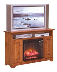 an entertainment center with a fire place and television on top of the tv stand is shown