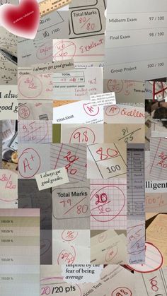 many different pieces of paper with writing and numbers on them, all over the place