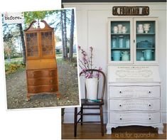 an old china cabinet has been painted white