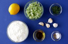 the ingredients for this recipe include onions, celery, and lemons on a blue background