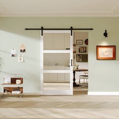 an open sliding door in a room with white walls and wood flooring on the side