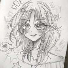 a pencil drawing of a girl with long hair and stars on her head, looking at the camera