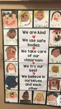 a bulletin board with pictures of children's faces