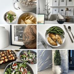 several pictures of food including salad, fish and wine are shown in this collage