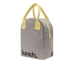 lunch bag in grey and yellow with the word lunch printed on it's side