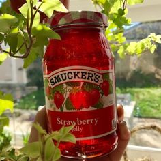 a hand holding a jar of strawberry jelly