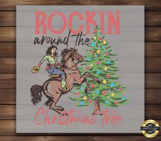 rockin around the christmas tree with cowboy riding on horse and holding lasso in hand