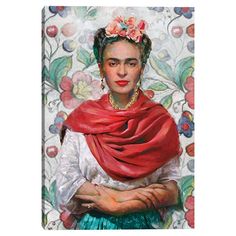 an oil painting of a woman wearing a red shawl with flowers on her head