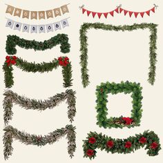 christmas decorations and garlands are arranged in the shape of rectangles