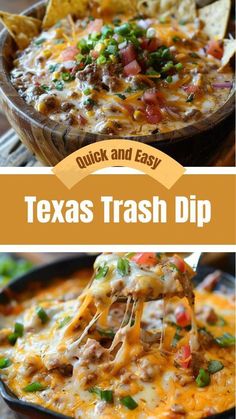 the best texa trash dip recipe is made with chicken, cheese and tortilla chips