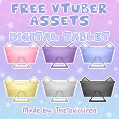 the text free vtuber assets is displayed above four different colored boxes with their names