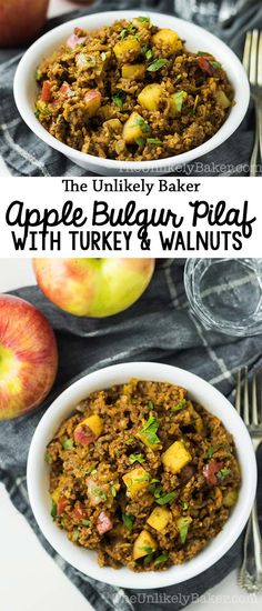 two white bowls filled with apple and turkey pilaf