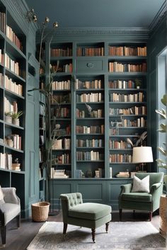 a living room filled with lots of bookshelves covered in green bookcases