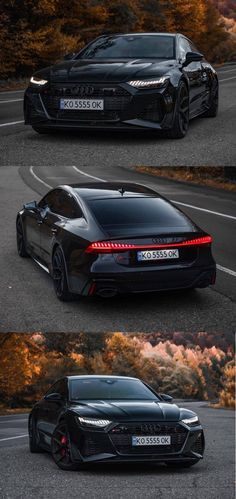 three different views of the rear end of a black sports car with its lights on