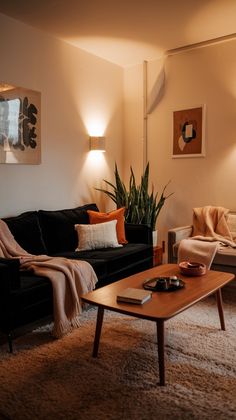 a living room with two couches, a coffee table and a potted plant