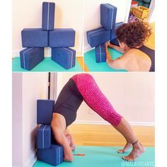 a woman is doing yoga on the floor with blue foam blocks in front of her