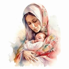 a watercolor painting of a woman holding a baby in her arms and wearing a headscarf