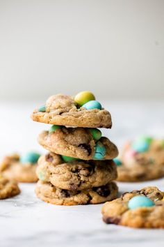 chocolate chip cookies stacked on top of each other