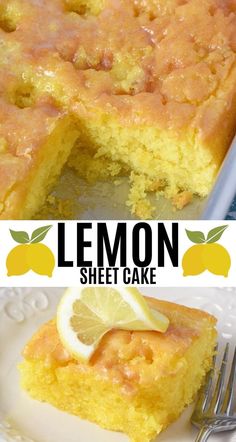 a lemon sheet cake on a plate with a slice cut out and the title overlay reads, lemon sheet cake