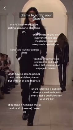 a woman walking down a runway in a black suit and white shirt with the words drama to aid you