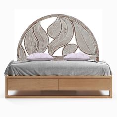 a bed with a circular headboard made out of wood