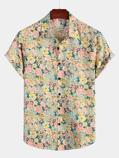 Men's Floral Cotton Casual Button Up Short Sleeve Shirt – Atlanl Men’s Floral Dress Shirt, Concert Streetwear, Short Sleeve Top Pattern, Floral Pattern Shirt, Hawaiian Men, Y2k Tops, Spring Clothes, Streetwear Summer, Hawaiian Beaches