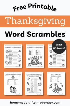 printable thanksgiving word scrambles for kids to practice their spelling skills and use them as an activity