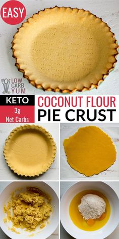 the steps to make coconut flour pie crusts are shown in four different pictures, including one