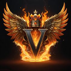 the letter v with wings and a crown on fire