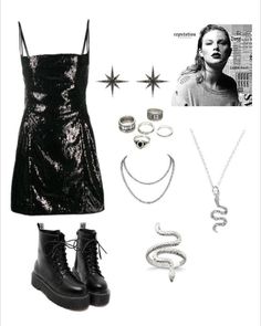 a black dress and some silver accessories