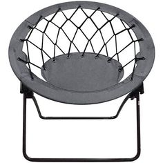 a grey chair with black metal legs and a round seat on it's back