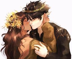 a couple kissing each other in front of a white background with gold flowers on their head