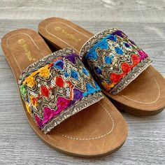 Made With All Man-Made/Vegan Materials And Runs True To Size. Extra Comfortable Sole. While It Can Accommodate Slightly Wider Feet, It's Not Suitable For Those Who Need A Wide Fit. Embroidered Closed Toe Sandals For Beach, Embroidered Flat Sandals For Summer, Embroidered Closed Toe Multicolor Sandals, Multicolor Embroidered Open Toe Sandals For Summer, Multicolor Embroidered Closed Toe Sandals, Multicolor Embroidered Open Toe Sandals, Flat Embroidered Sandals For Beach, Embroidered Multicolor Open Toe Sandals, Casual Multicolor Embroidered Sandals