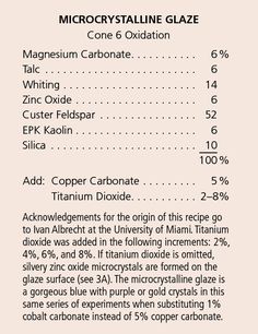 an info sheet describing the ingredients and instructions for microcrystaline glaze